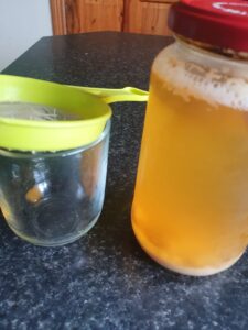 Fizzy Water Kefir with plastic sieve